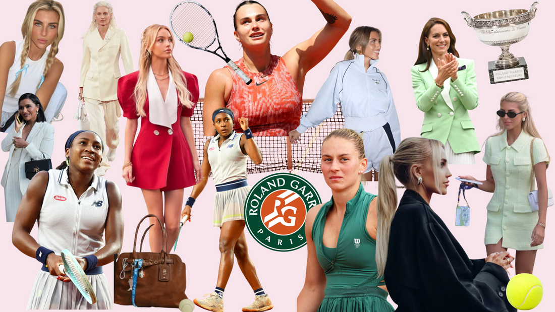 collage of french open inspired tennis fashion