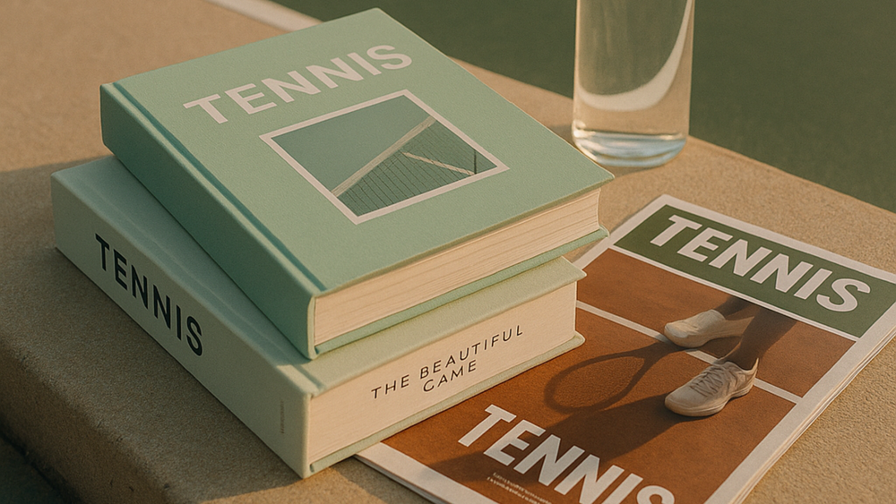tennis books stacked on a tennis court