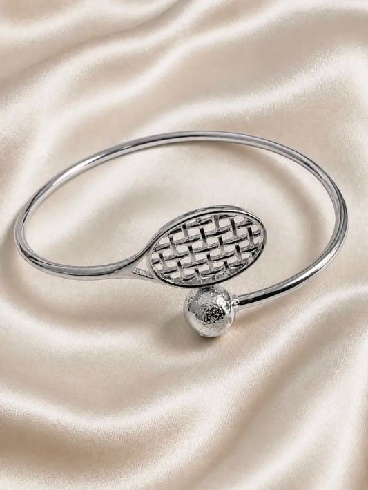Wire Flex Racquet and Ball Bracelet close-up with silver racquet charm and tennis ball