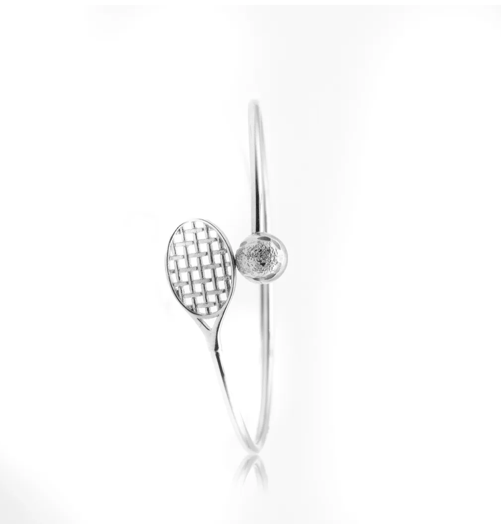 Wire Flex tennis bracelet with silver racquet and ball detail on white