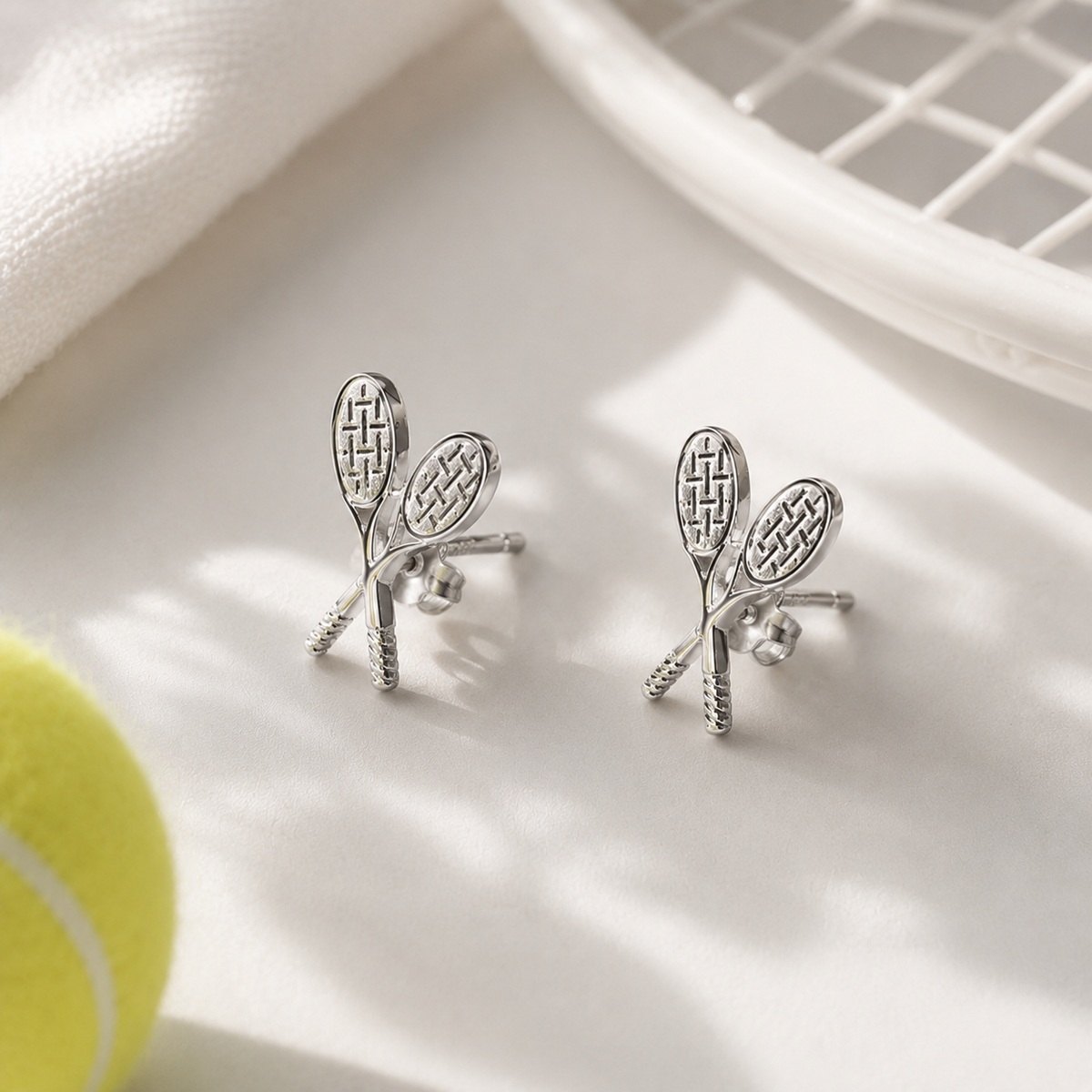 Silver crossed tennis racquet stud earrings styled with a tennis ball and racquet on white linen | Forty-Love tennis jewellery