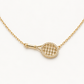 Sideways Racquet Necklace shown close-up with gold tennis racquet pendant