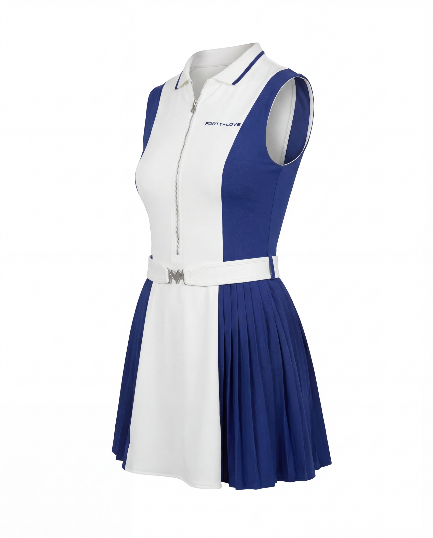 Front product image of a women’s tennis dress with zip neckline and contrast panel detailing.