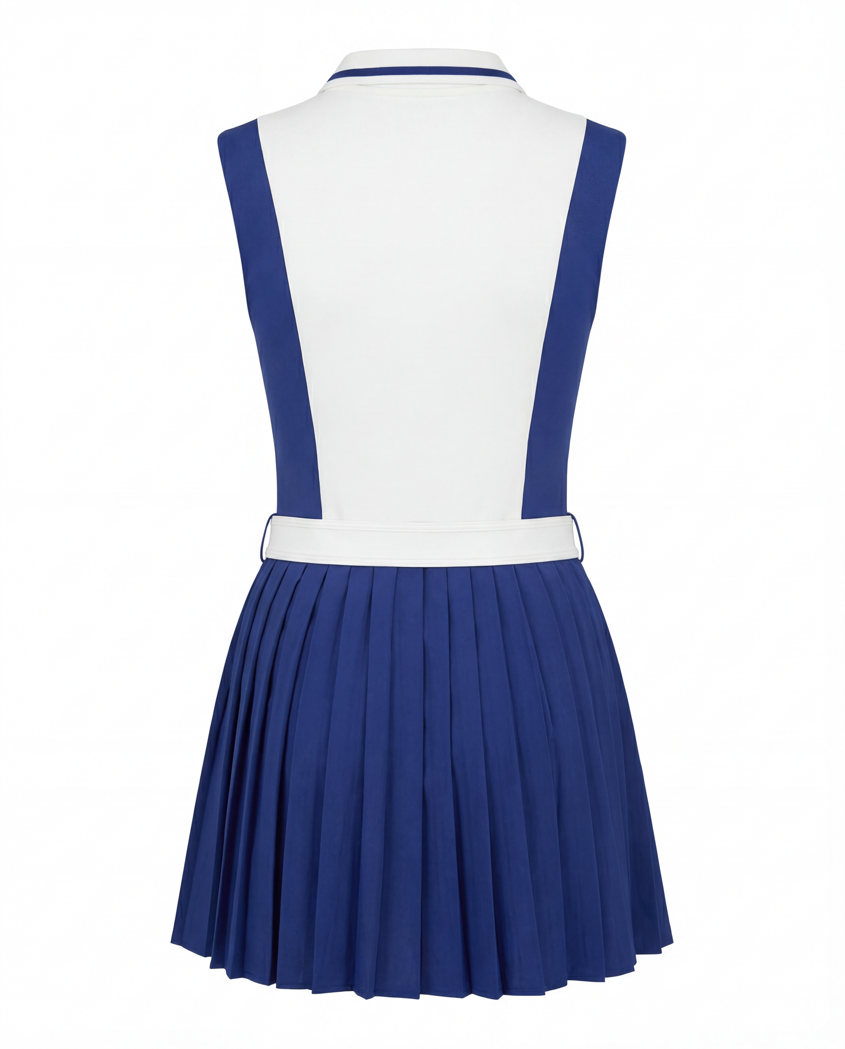 Back product image of a women’s tennis dress highlighting pleated skirt structure and tailored fit.