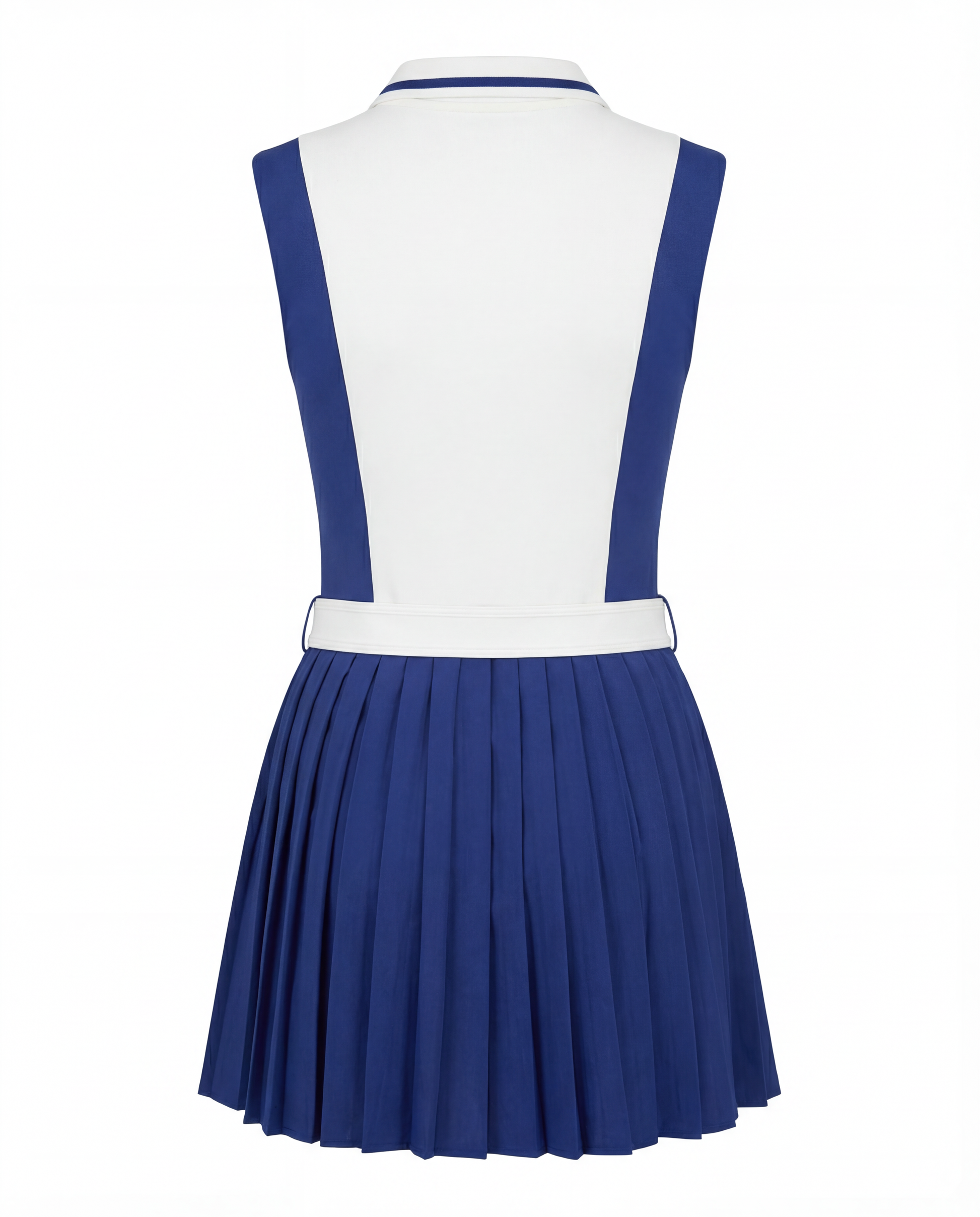Back product image of a women’s tennis dress highlighting pleated skirt structure and tailored fit.