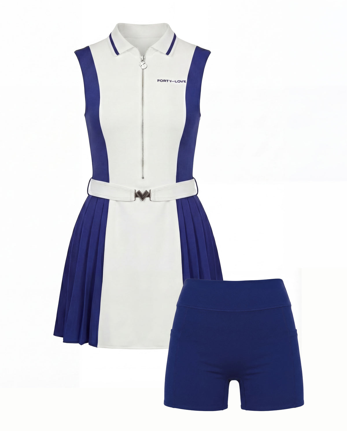 A white and blue sleeveless tennis dress with a collar and zipper, paired with matching blue compression shorts