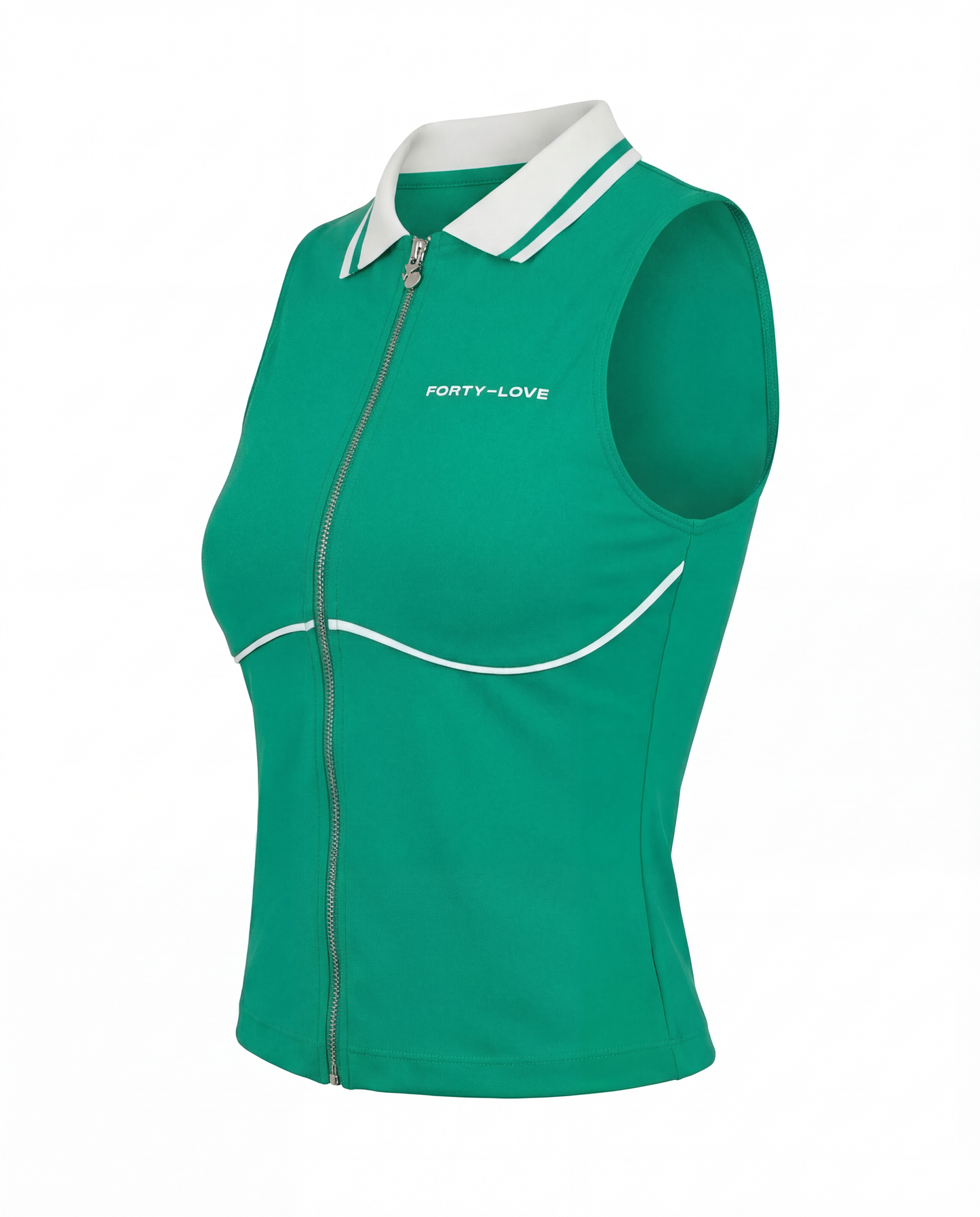 Angled product image of a green women’s tennis tank top, showcasing tailored fit and performance construction.