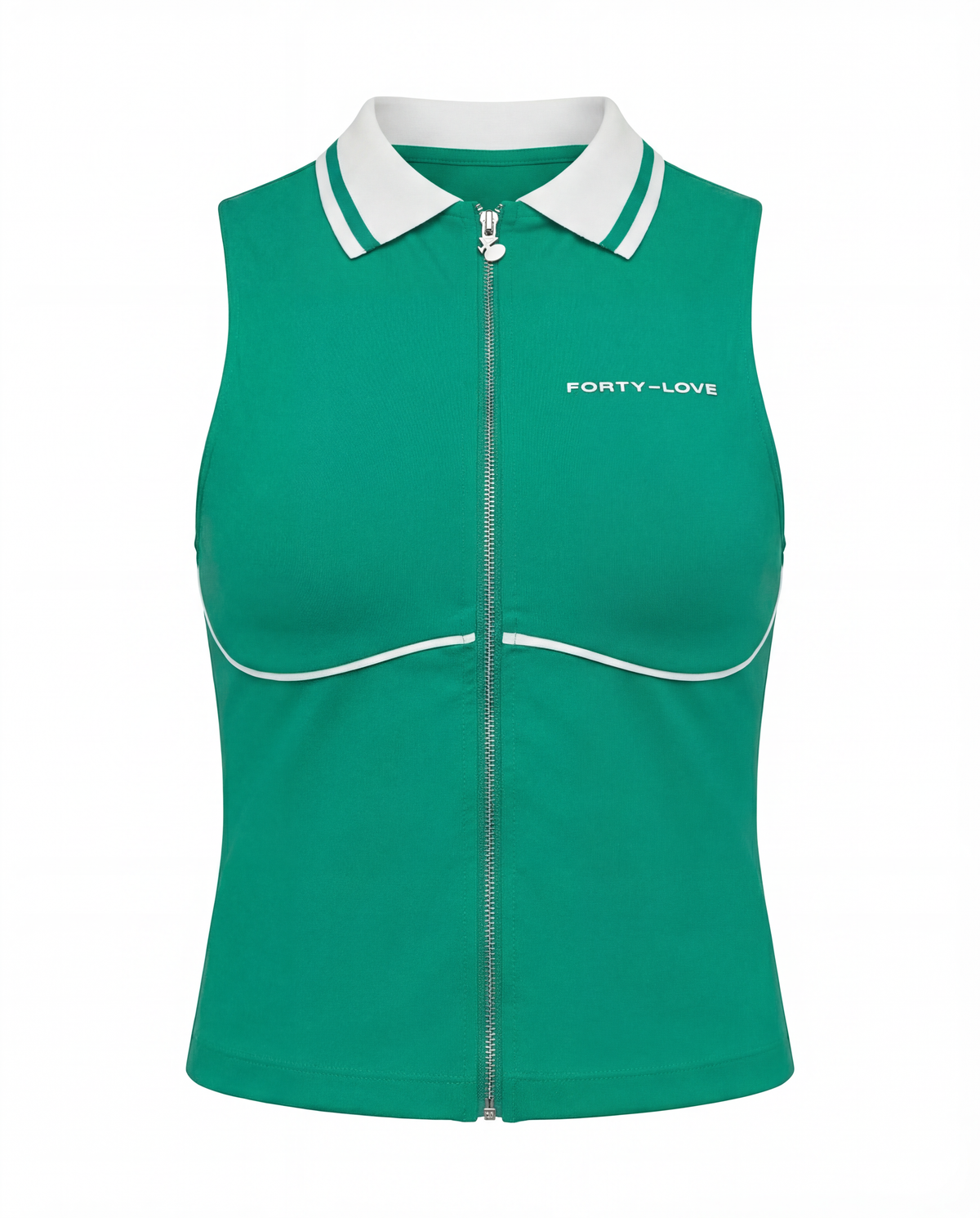 A green, sleeveless polo shirt with a white collar, white piping details, a front zipper, and the text "FORTY-LOVE" embroidered on the chest.