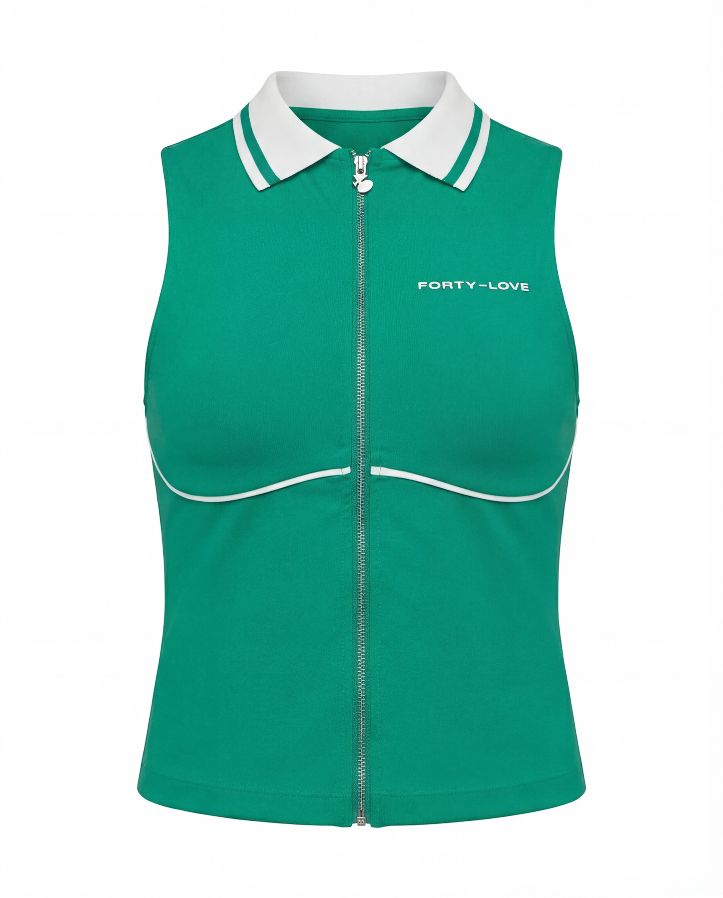 Front product image of a green and white women’s tennis top with zip detail and contoured seam design.