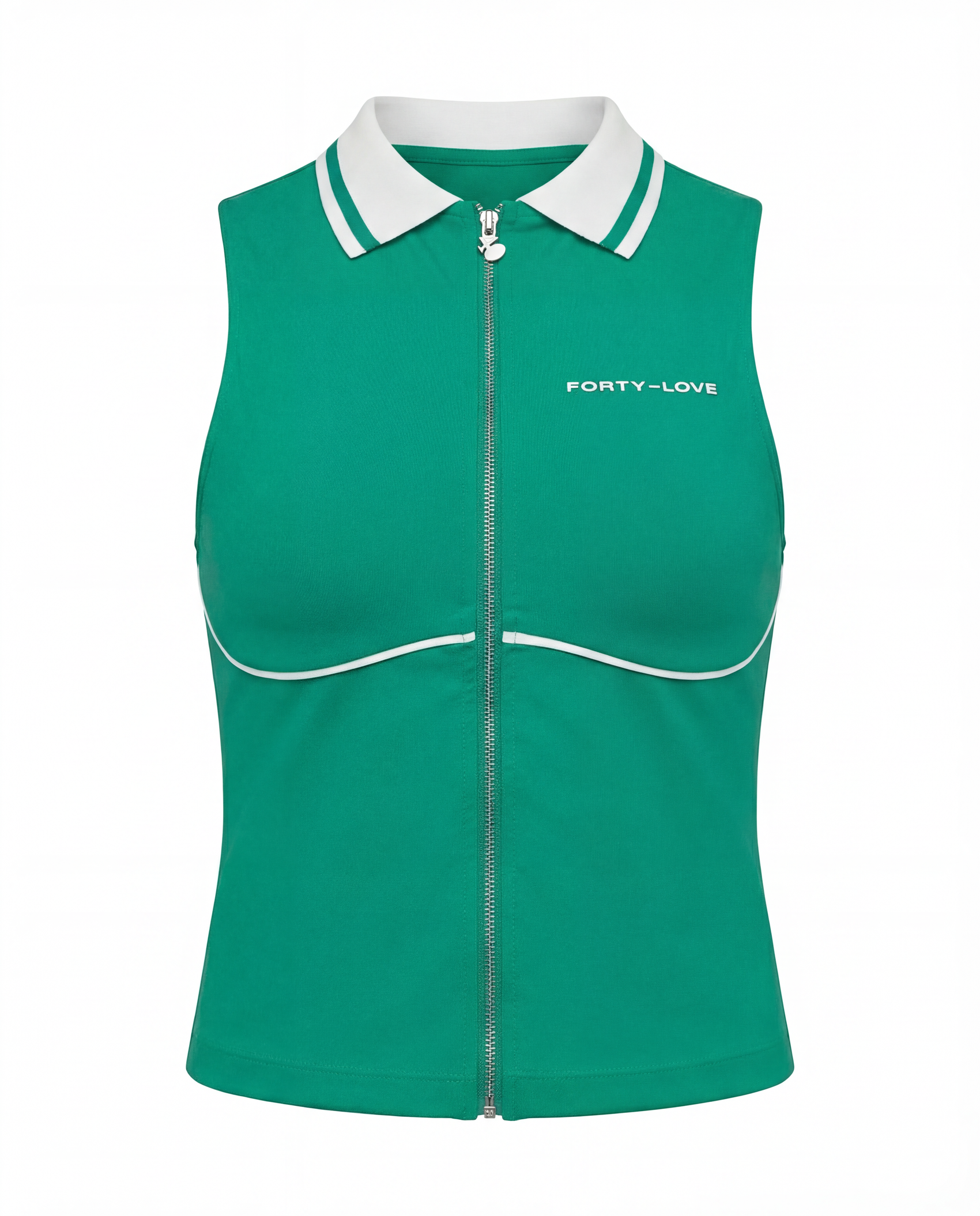 Front product image of a green and white women’s tennis top with zip detail and contoured seam design.