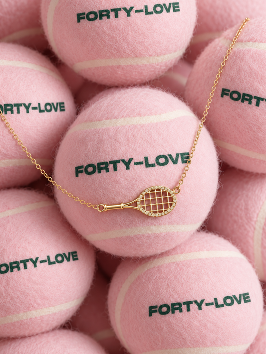 Gold tennis racquet pendant necklace draped over pink Forty-Love tennis balls