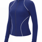 Angled front view of a women’s tennis jacket showing contoured seams and athletic fit.