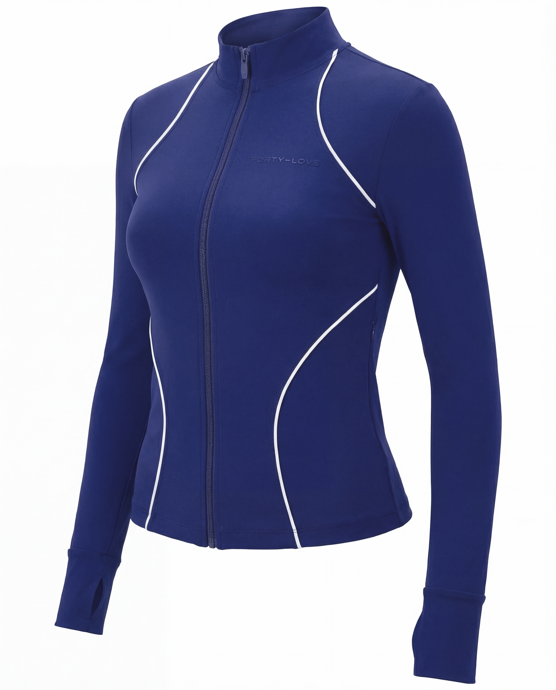 Angled front view of a women’s tennis jacket showing contoured seams and athletic fit.