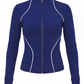 Front product image of a navy women’s tennis jacket with zip closure, designed for lightweight performance and layering.