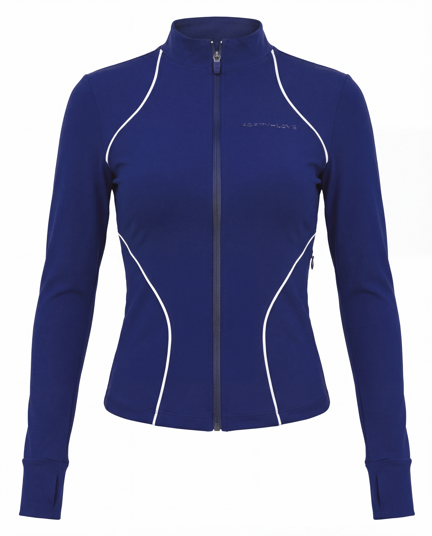 Front product image of a navy women’s tennis jacket with zip closure, designed for lightweight performance and layering.