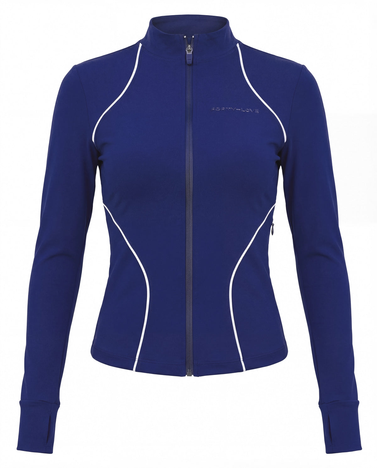 Front product image of a navy women’s tennis jacket with zip closure, designed for lightweight performance and layering.