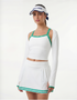 Studio image of a white tennis tank top with green detailing, worn as part of a coordinated women’s long sleeve tennis outfit.