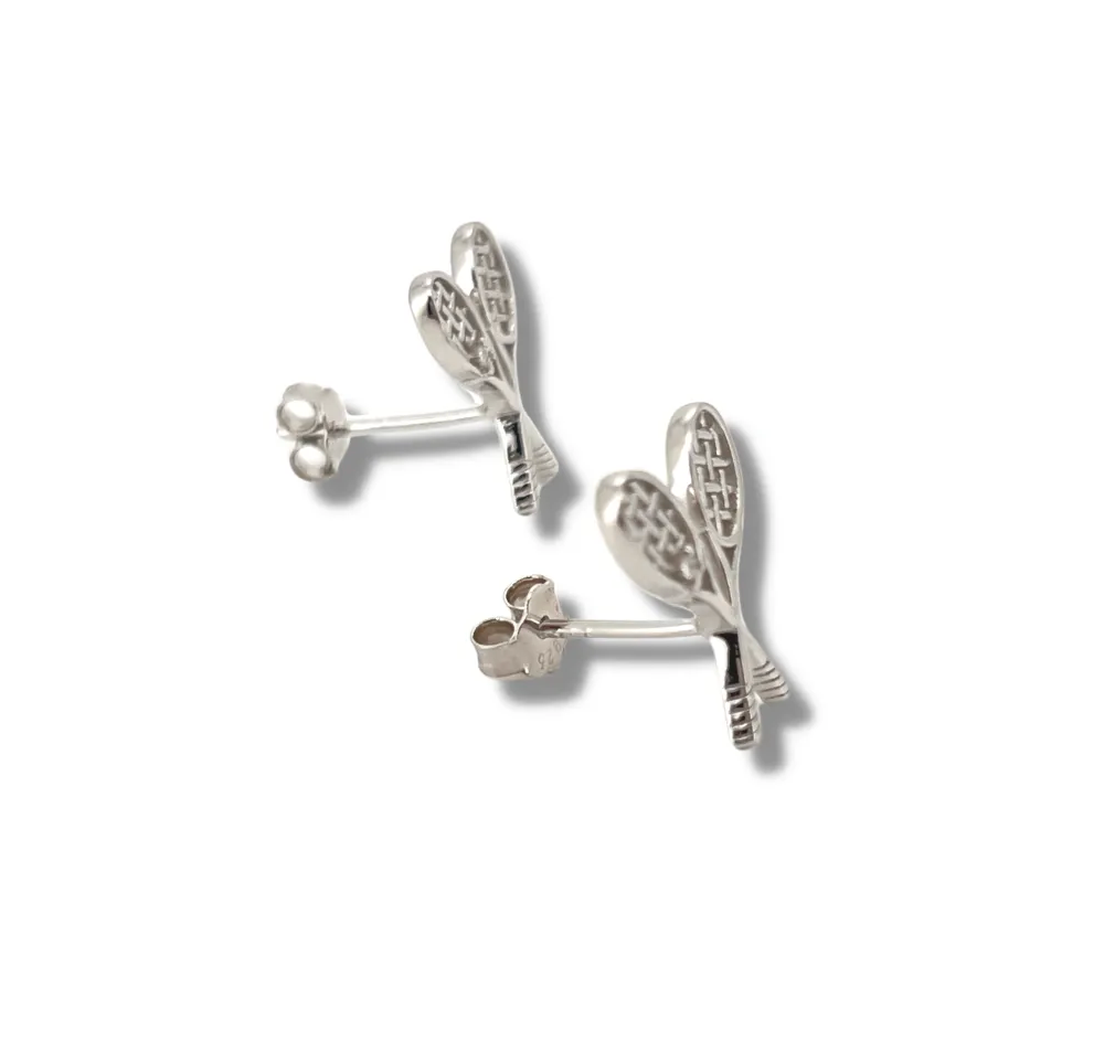 Silver crossed tennis racquet stud earrings shown from the front and back with butterfly backs | Forty-Love tennis jewellery
