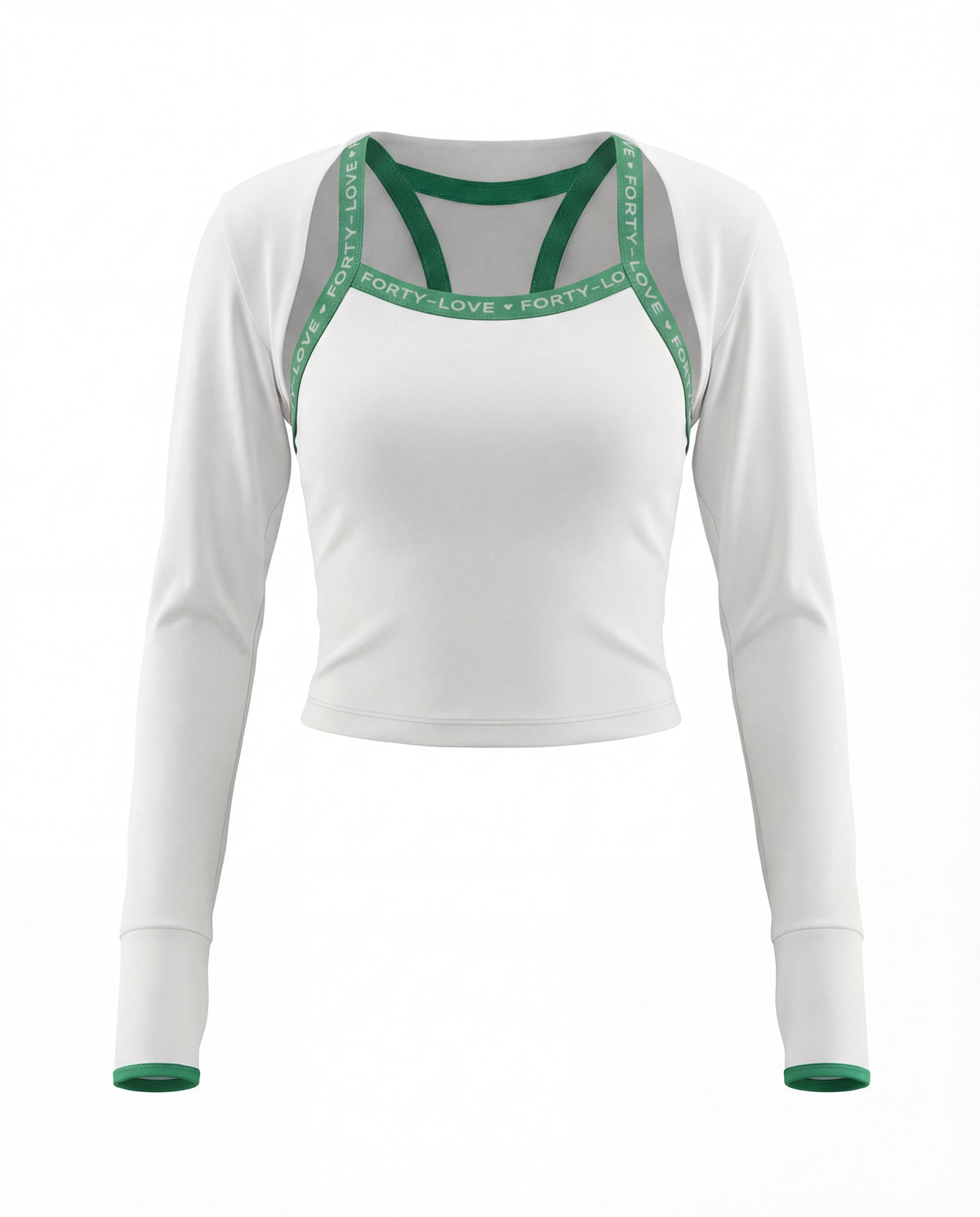 Product image of a long sleeve tennis outfit layer worn over a fitted tennis tank top for added coverage.