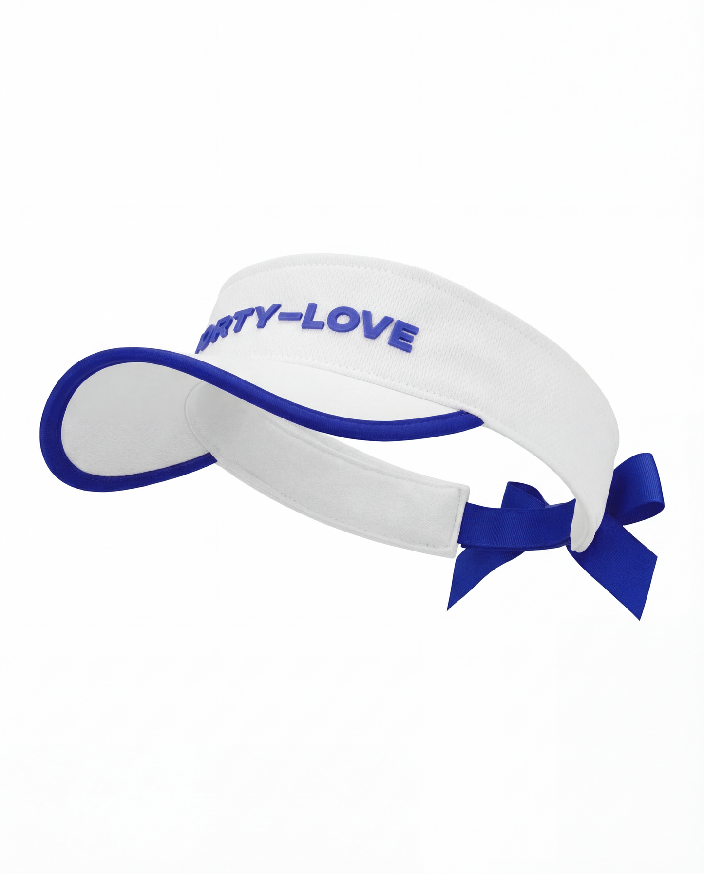 Side profile of a white tennis visor with navy edging, modern tennis visor designed for on-court wear.
