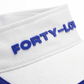 Close-up of embroidered Forty-Love logo on white tennis visor, premium finish womens tennis visor.