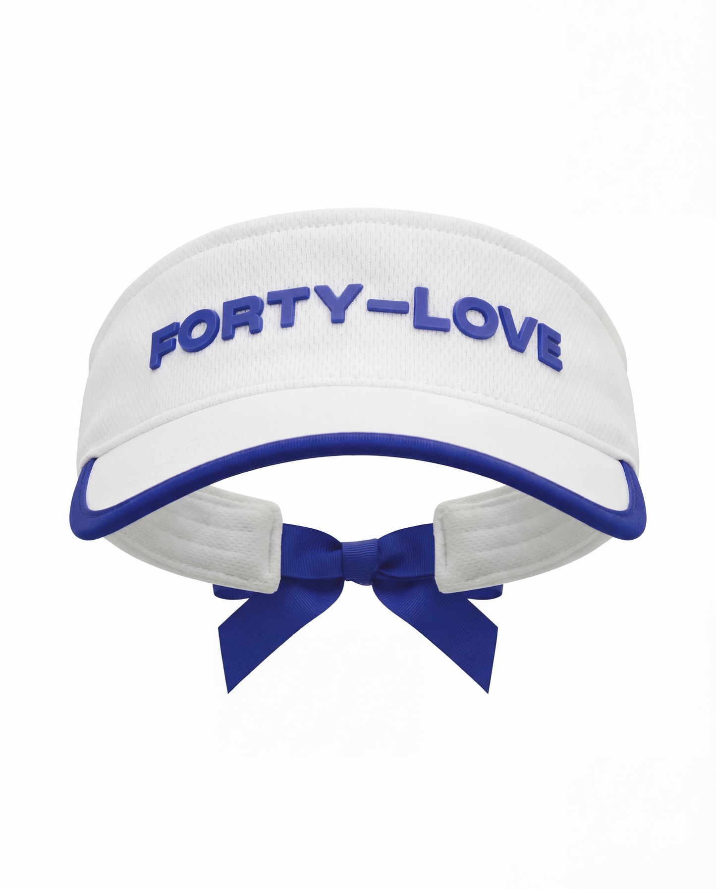 Back view of a white tennis visor with removable navy bow detail, womens tennis visor with adjustable fit.