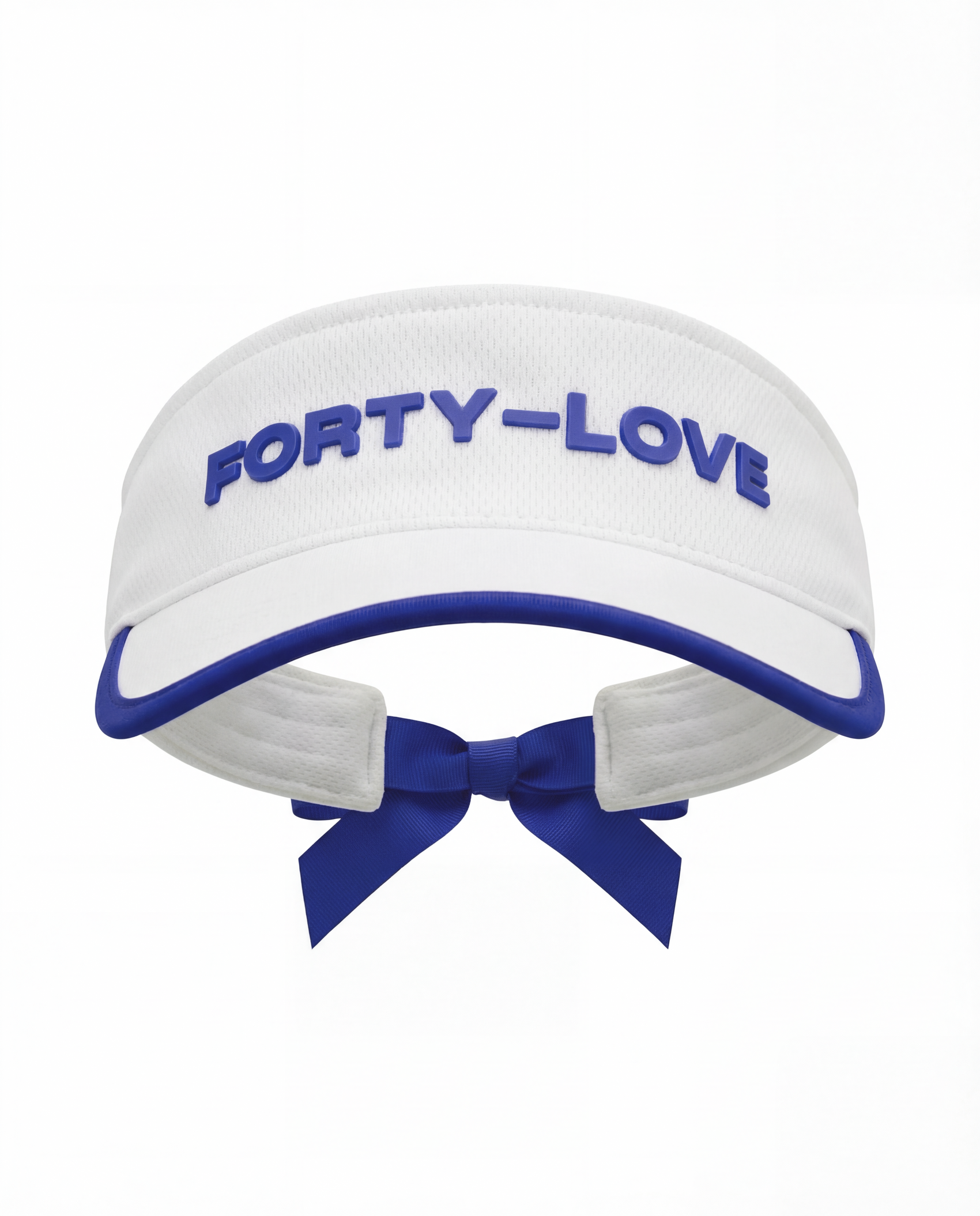 Back view of a white tennis visor with removable navy bow detail, womens tennis visor with adjustable fit.