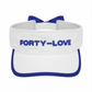White tennis visor with navy trim and Forty-Love logo, structured tennis visor designed for comfort and fit.