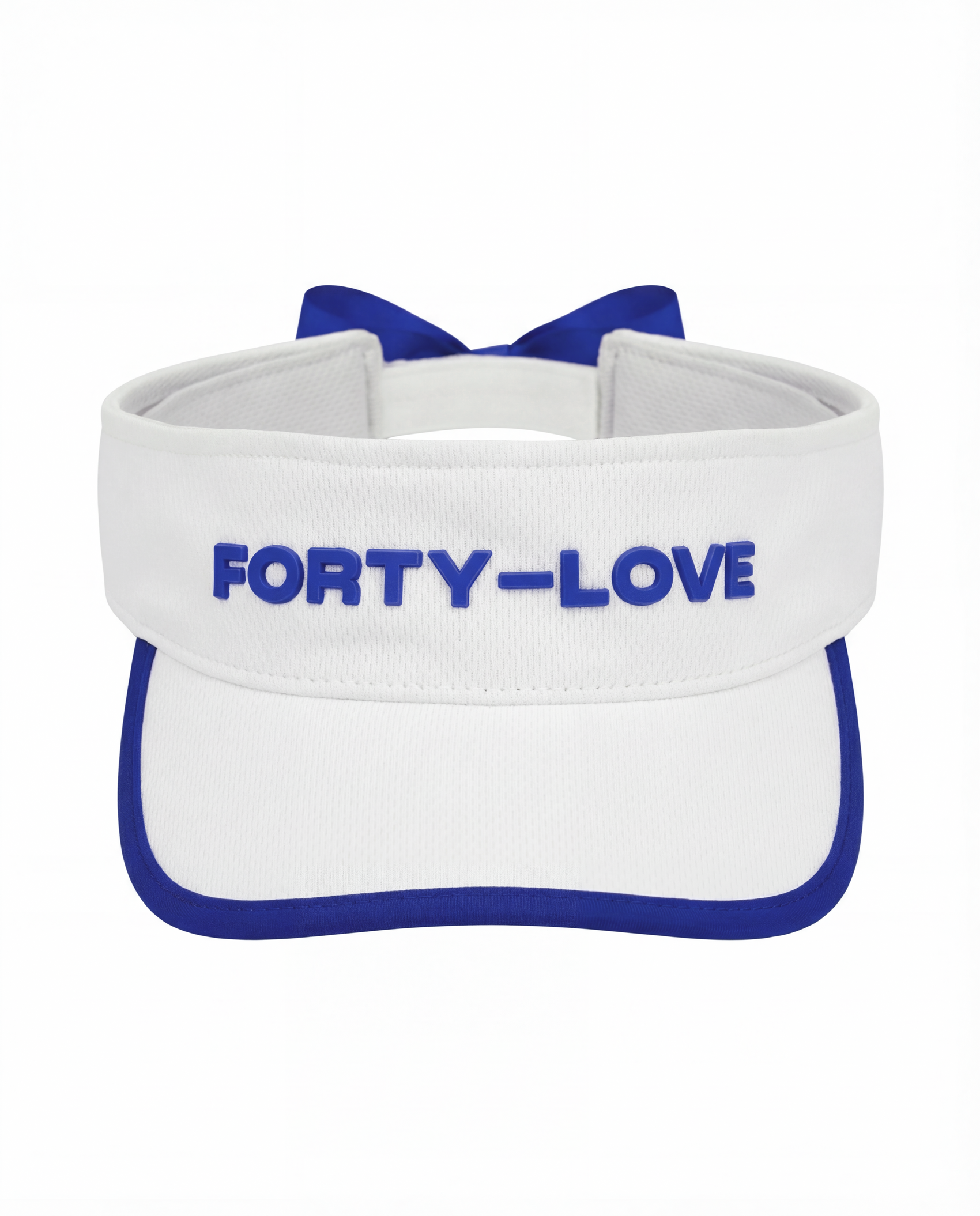 White tennis visor with navy trim and Forty-Love logo, structured tennis visor designed for comfort and fit.