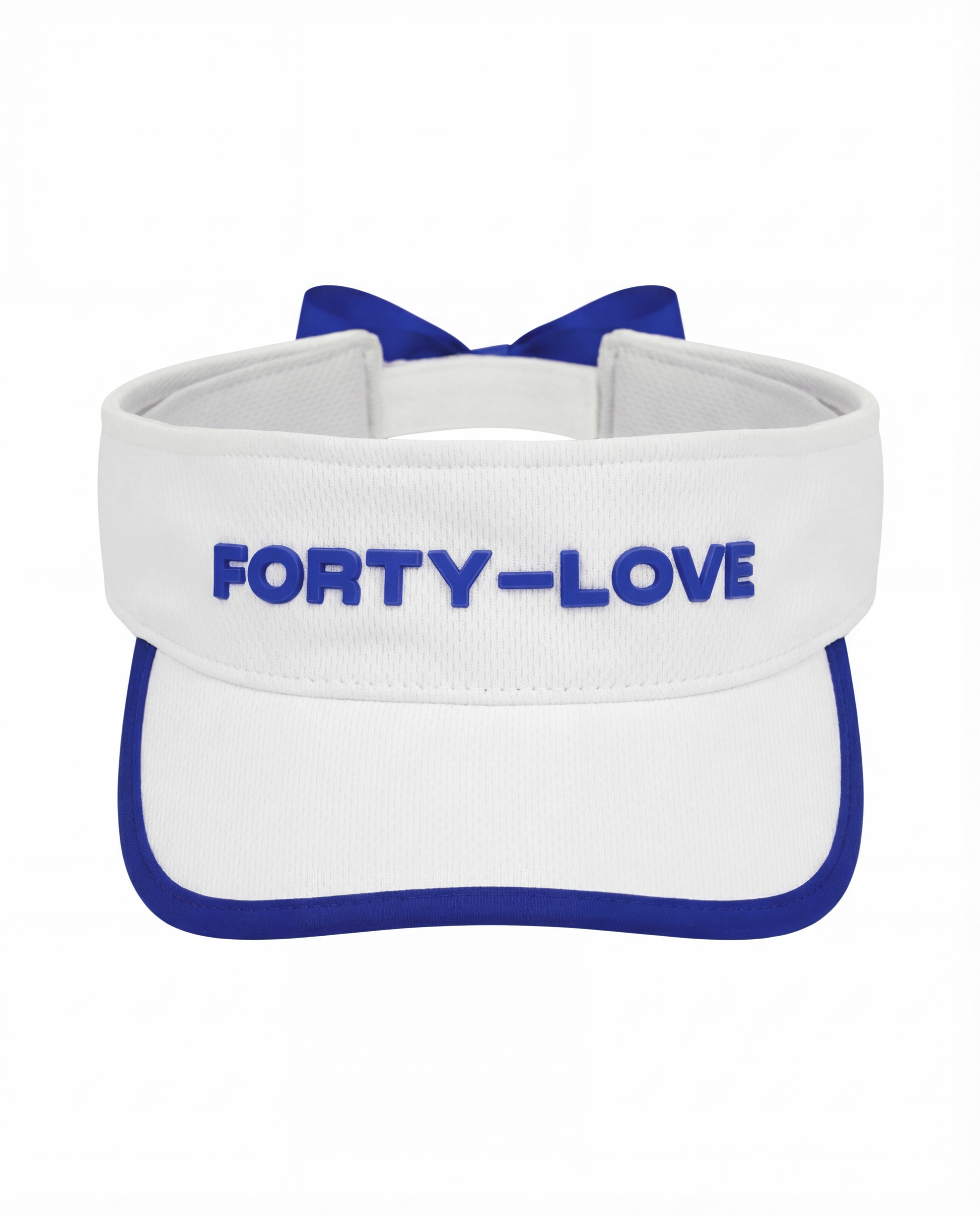 White tennis visor with navy trim and Forty-Love logo, structured tennis visor designed for comfort and fit.
