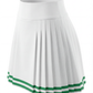 Studio image of a pleated white women’s tennis skort, highlighting structured pleats and contrast trim.