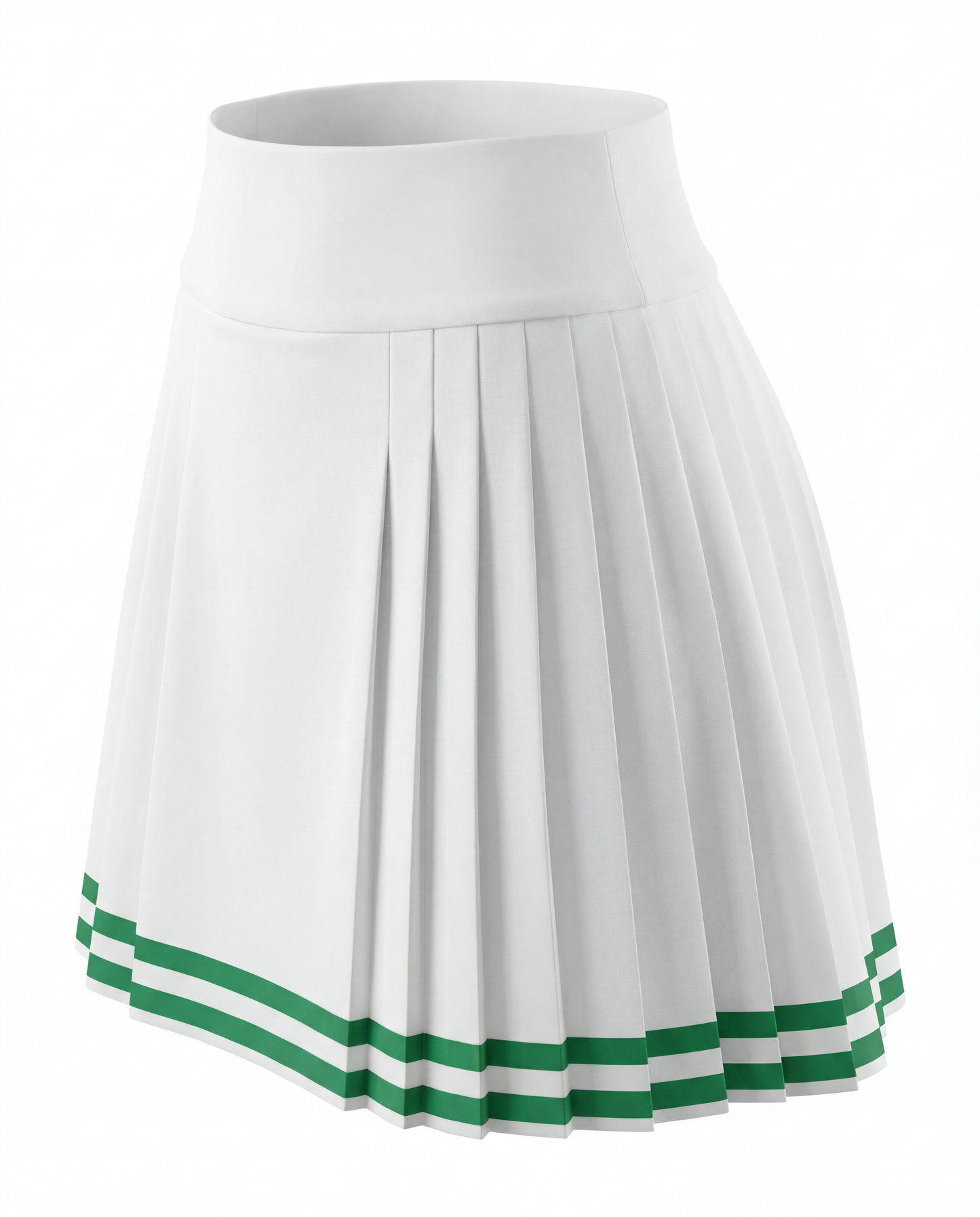 Studio image of a pleated white women’s tennis skort, highlighting structured pleats and contrast trim.