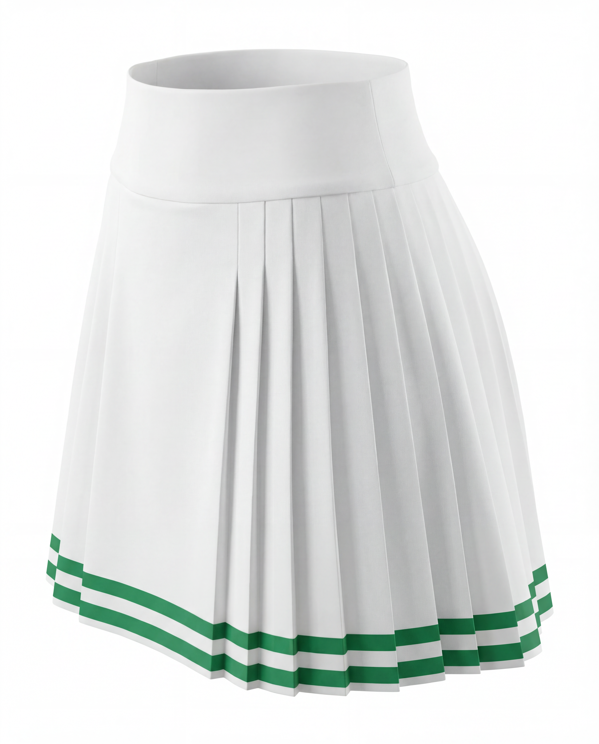 Studio image of a pleated white women’s tennis skort, highlighting structured pleats and contrast trim.
