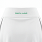Close-up of waistband branding on a white women’s tennis skort, featuring Forty-Love logo detail.