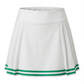 Front product image of a white women’s tennis skort with green trim and pleated design.