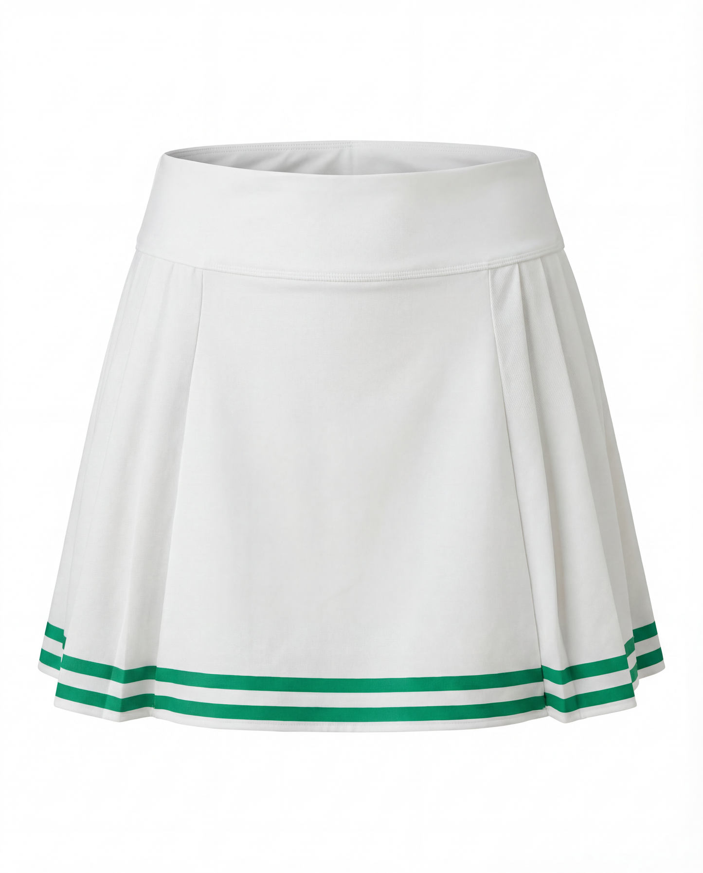 Front product image of a white women’s tennis skort with green trim and pleated design.