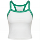 Front product image of a white women’s tennis tank top with green trim, designed for breathable performance on court.