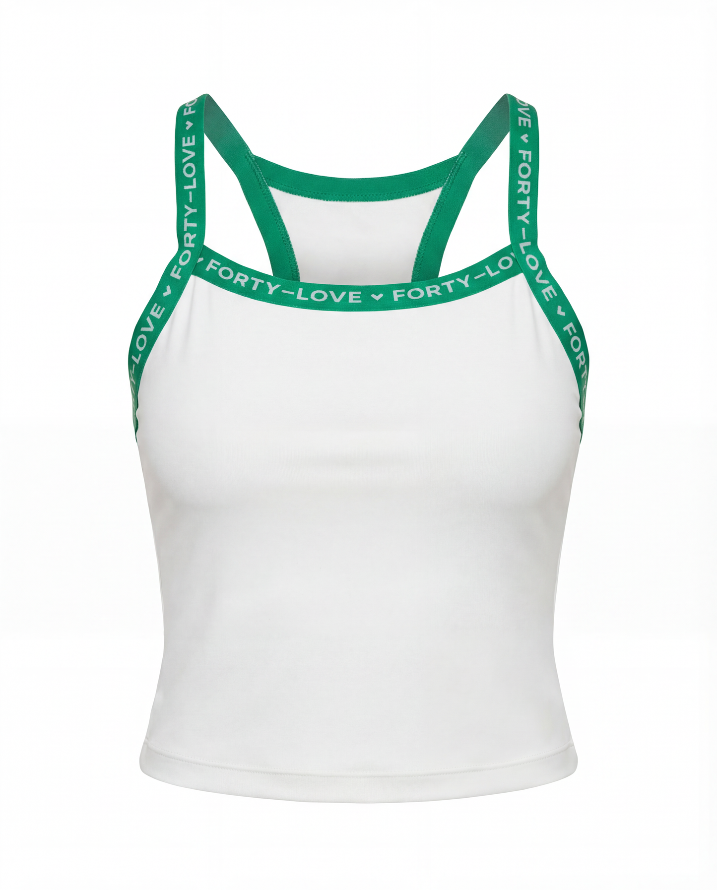 Front product image of a white women’s tennis tank top with green trim, designed for breathable performance on court.