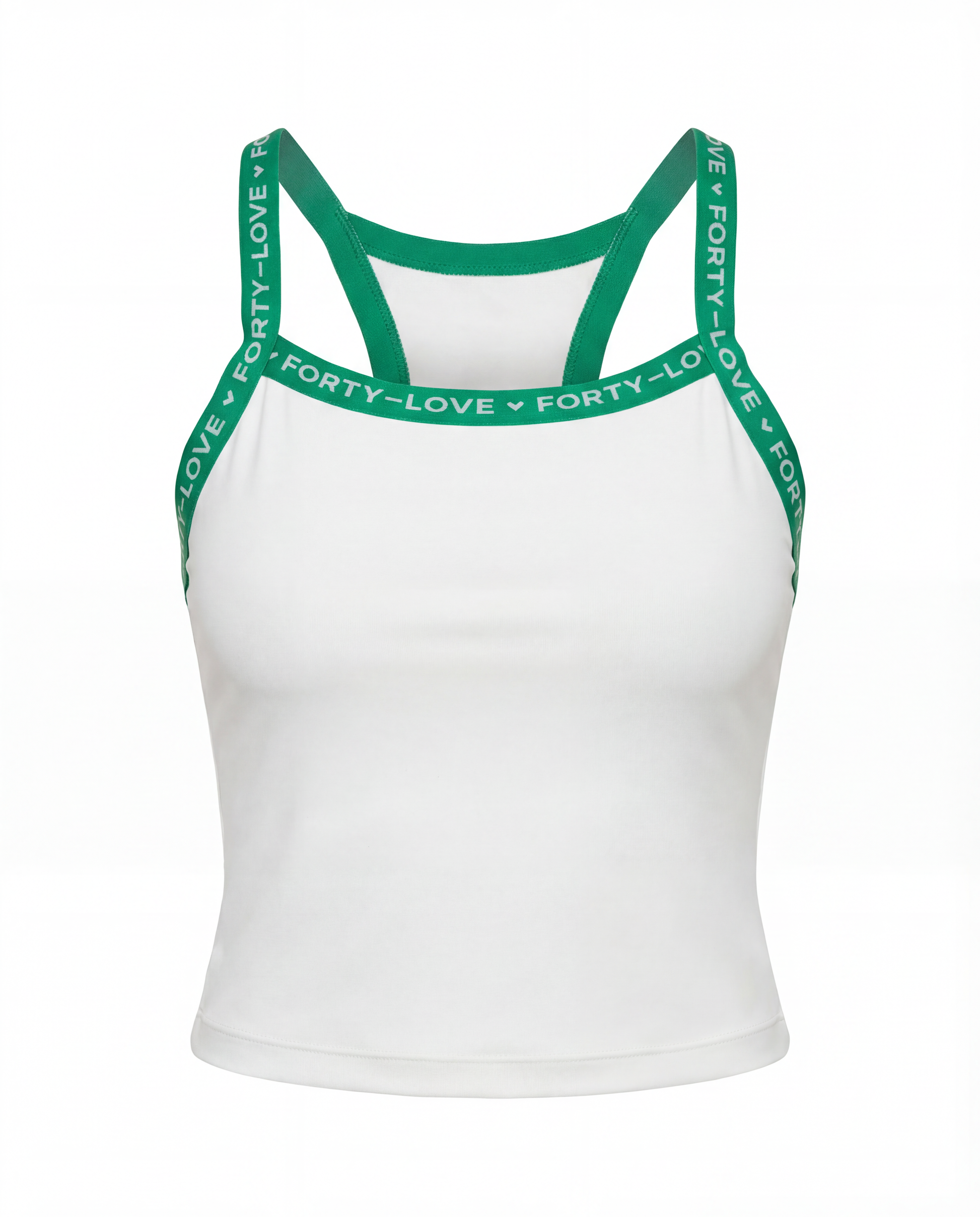 Front product image of a white women’s tennis tank top with green trim, designed for breathable performance on court.