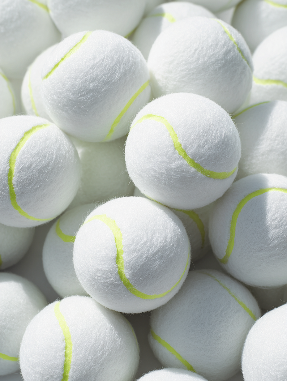 A close-up view of white tennis balls with yellow-green seams.